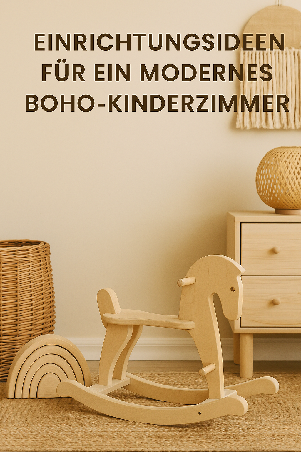Modernes Boho-Kinderzimmer mit Holzschaukelpferd, Regenbogen-Deko aus Holz, Rattan-Korb und hellen Naturmöbeln - ruhige, natürliche Einrichtungsidee