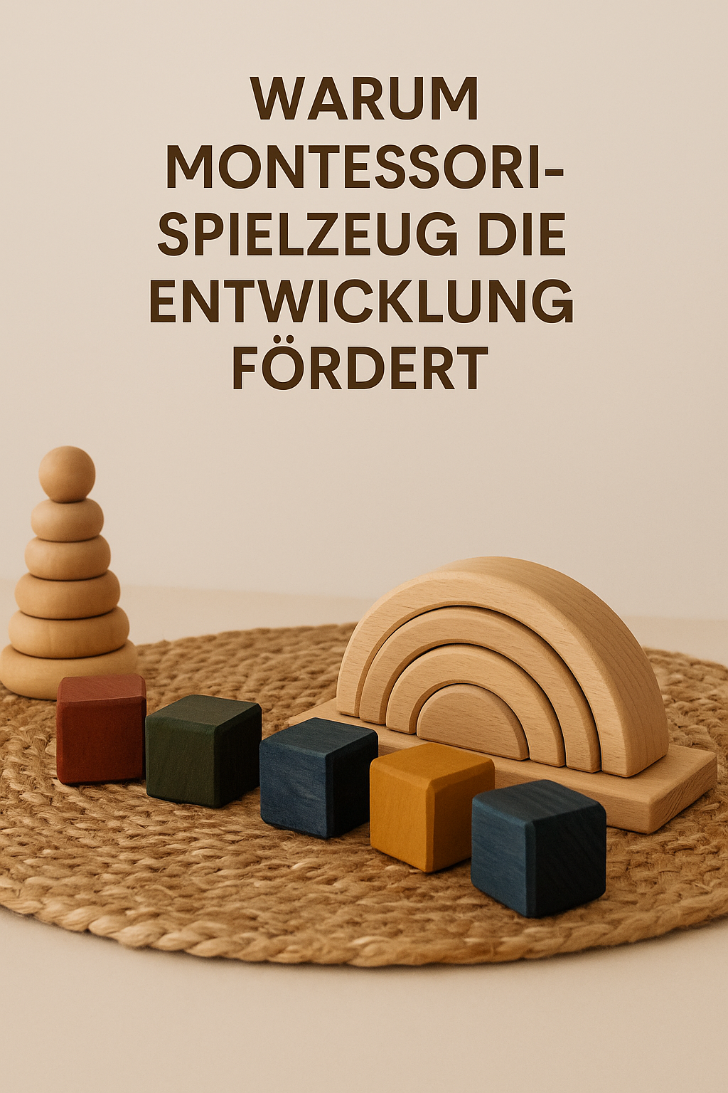 Montessori-Holzspielzeug: Regenbogen aus Naturholz, bunte Holzbausteine und Stapelspielzeug auf geflochtener Unterlage - nachhaltiges Lernspielzeug für Kinder