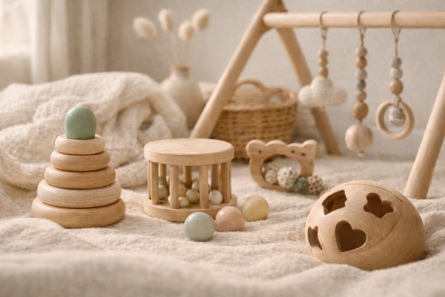 Montessori Holzspielzeug für Babys von 0–12 Monaten mit Greifspielzeug, Motorikspiel und natürlichen Materialien
