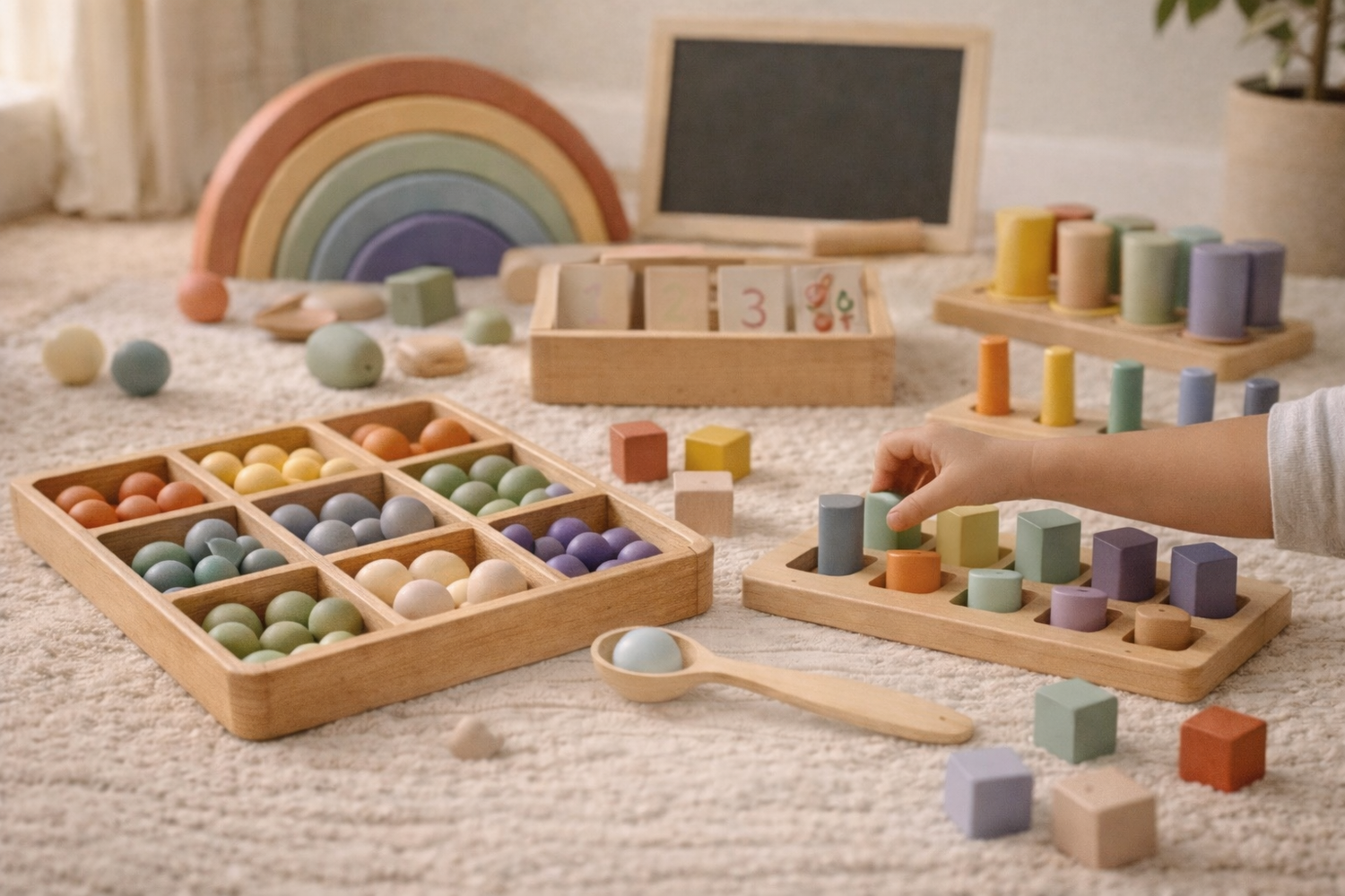 Montessori Lernspielzeug aus Holz für Kinder von 2–3 Jahren mit Farben sortieren, Motorikspiel und Regenbogen Spielzeug