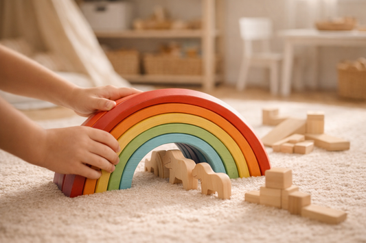 Montessori Regenbogen Holzspielzeug mit Figuren – fördert kreatives und selbstständiges Spielen bei Kindern