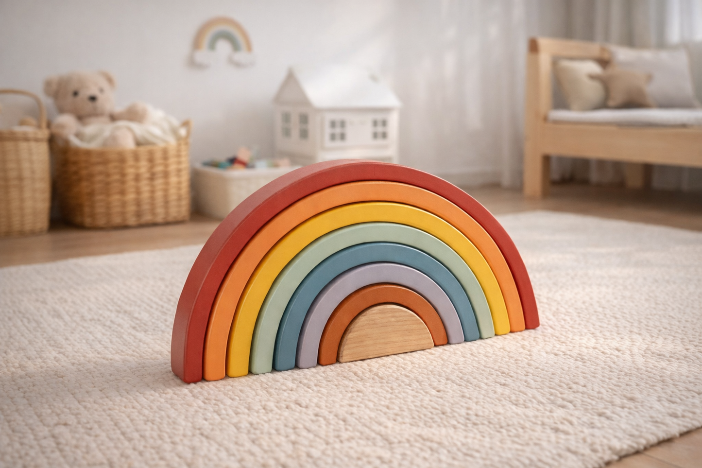 Montessori Holz Regenbogen Spielzeug im Kinderzimmer – kreatives Stapelspiel aus Holz für Kinder