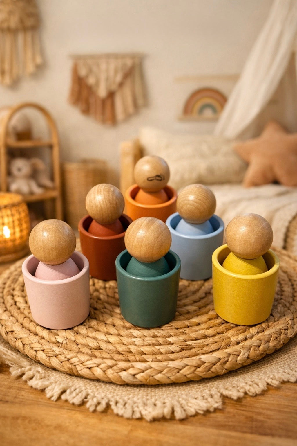 Montessori Holzspielzeug Farbzuordnung Set mit bunten Holzfiguren im Kinderzimmer auf natürlicher Matte
