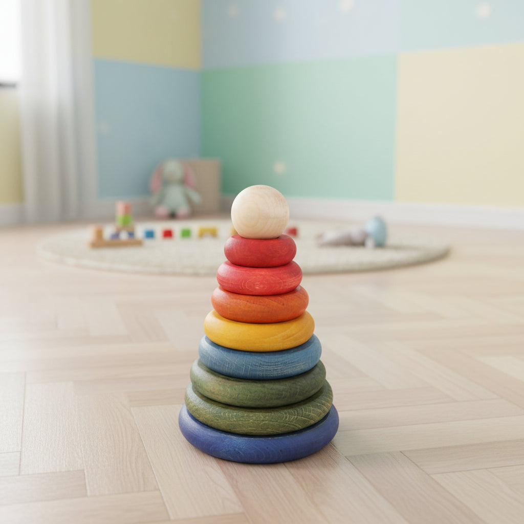 Montessori Stapelspiel Regenbogen Pyramide aus Holz – farbiges Lernspiel für Kinder