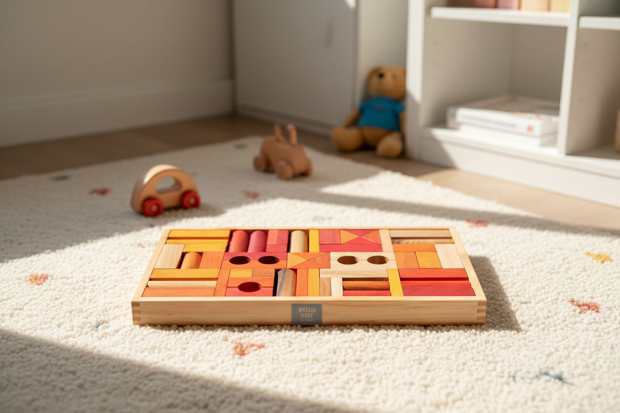 Montessori Holzbausteine warm Farben im Kinderzimmer – natürliches Spielzeug für kreatives Bauen