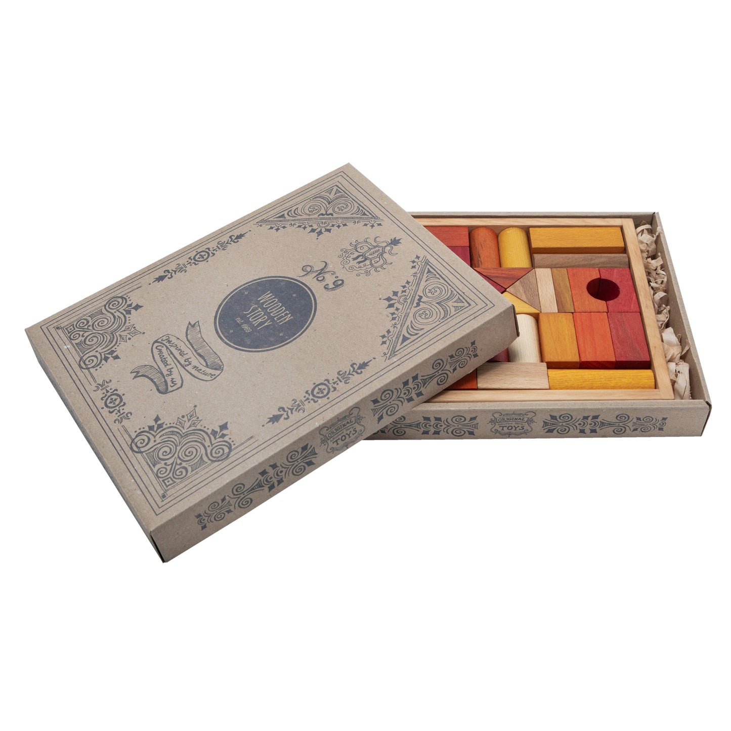 Montessori Holzbausteine mit Aufbewahrungsbox – Bauklötze warm Farben
