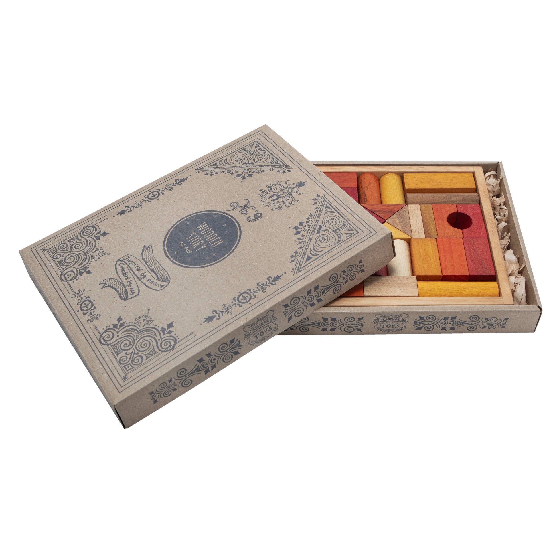 Montessori Holzbausteine mit Aufbewahrungsbox – Bauklötze warm Farben