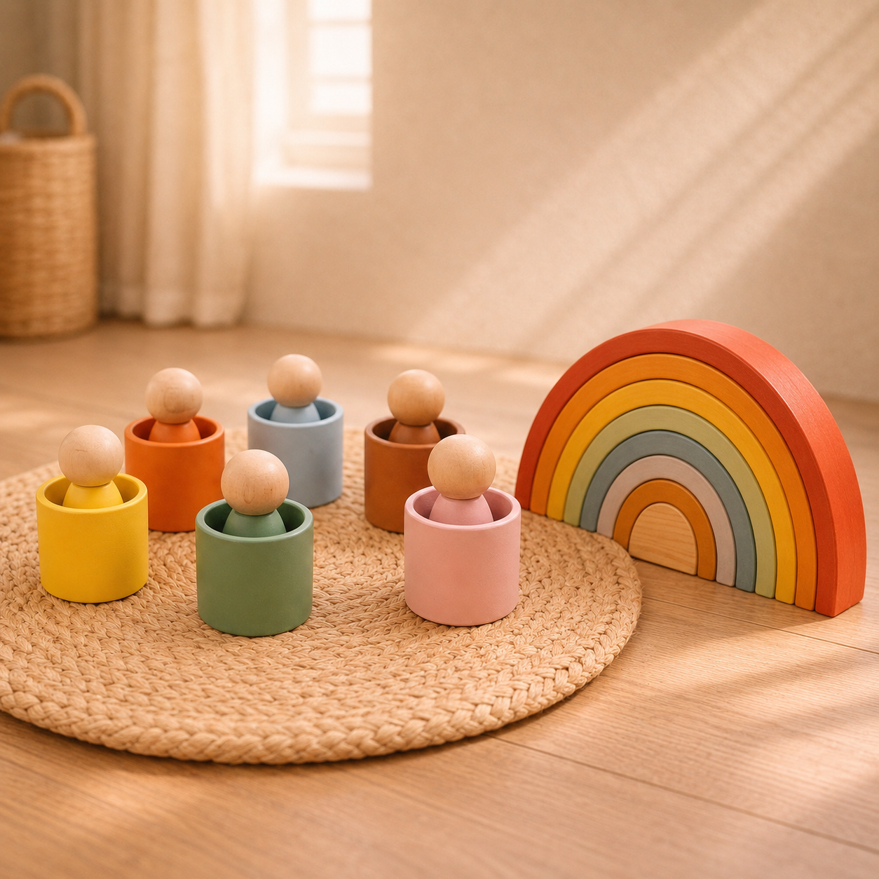Kreativ Bundle aus Holz mit bunten Figuren und Regenbogen-Spielzeug