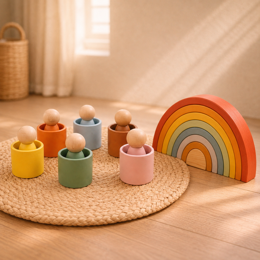 Kreativ Bundle aus Holz mit bunten Figuren und Regenbogen-Spielzeug
