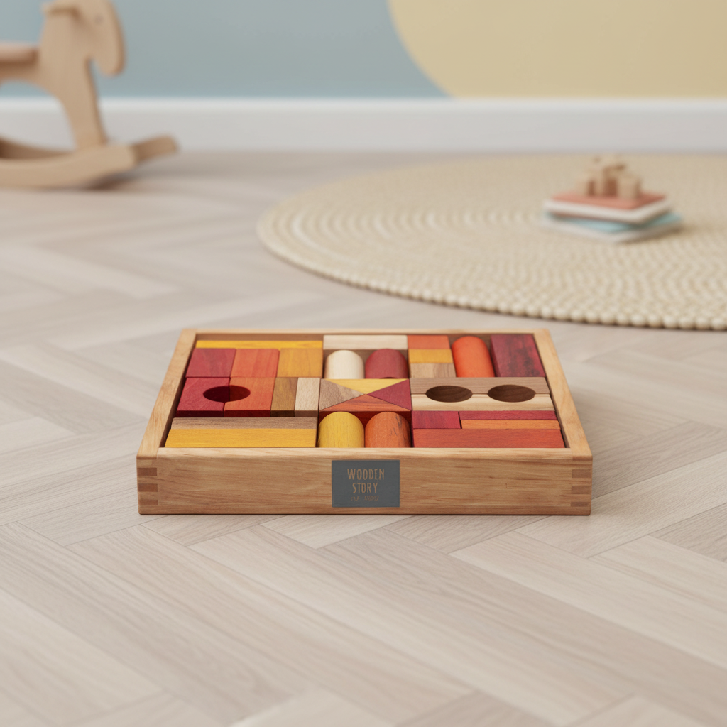 Montessori Holzbausteine warm Farben im Tablett – kreatives Bau Spielzeug