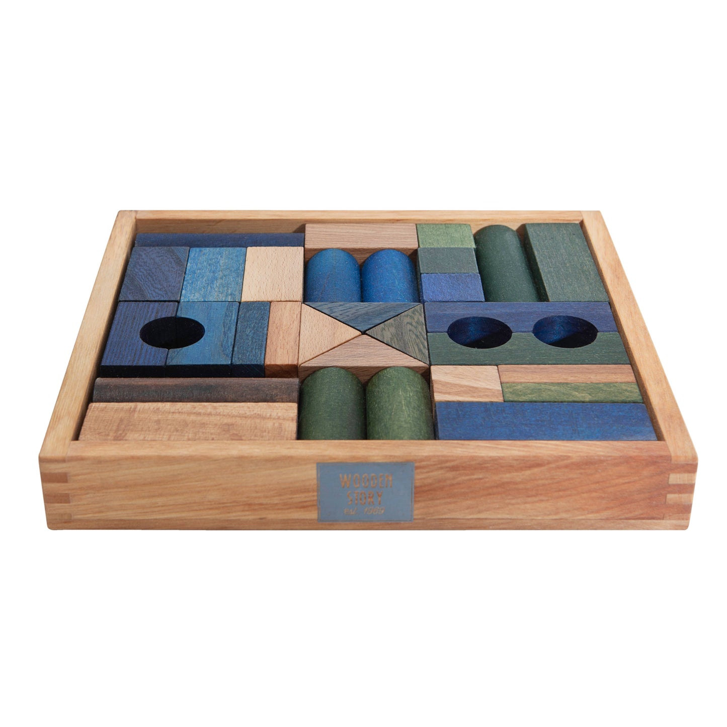 Geometrische Holzbausteine im Tablett – Montessori Spielzeug für freies Bauen