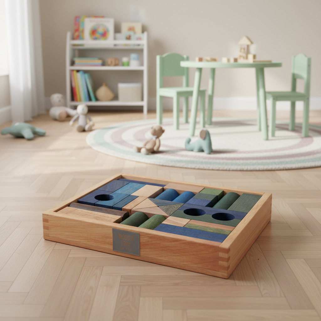 Montessori Holzbausteine Set im Tablett im Kinderzimmer – kreatives Lernspiel