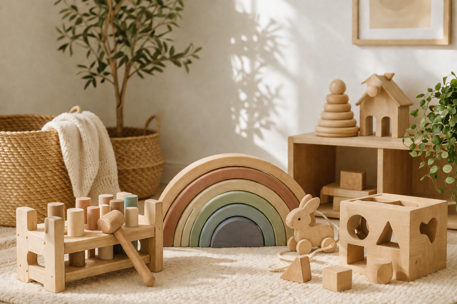 Nachhaltiges Holzspielzeug für Kinder mit Regenbogen, Sortierwürfel und Hasenfigur