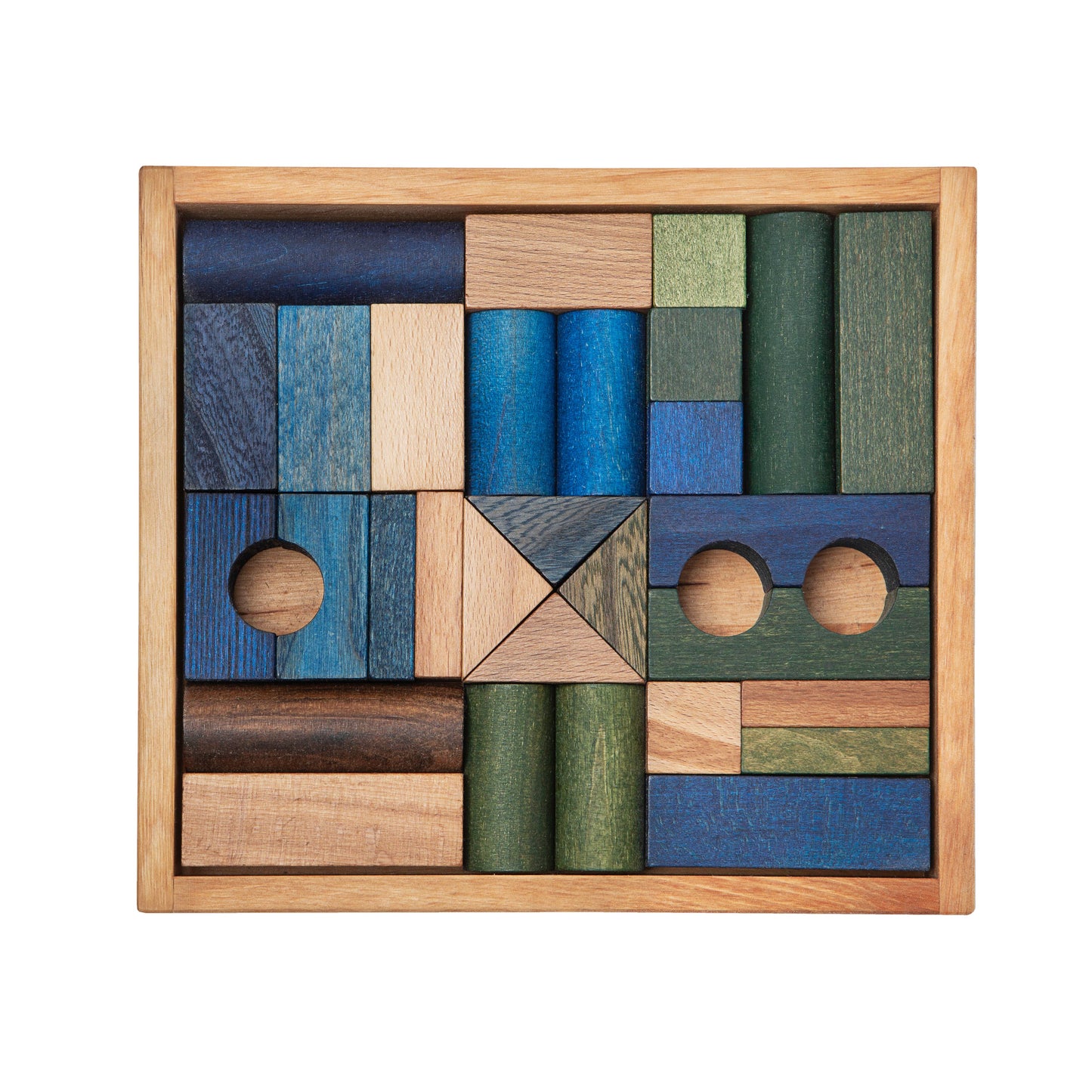 Holzbausteine Set in Blau- und Naturtönen – fördert Kreativität und Motorik