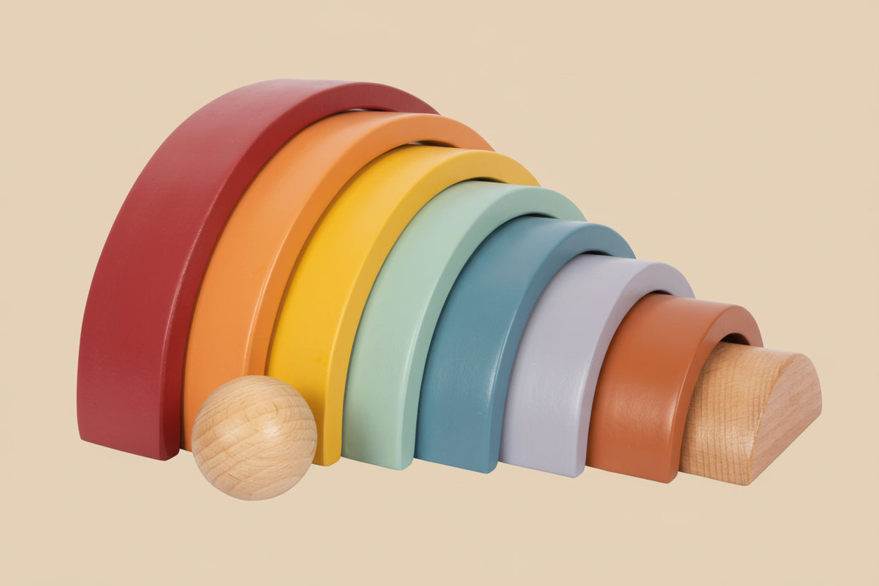 Montessori Regenbogen aus Holz mit sanften Farben – Stapelspielzeug zur Förderung von Kreativität und Motorik
