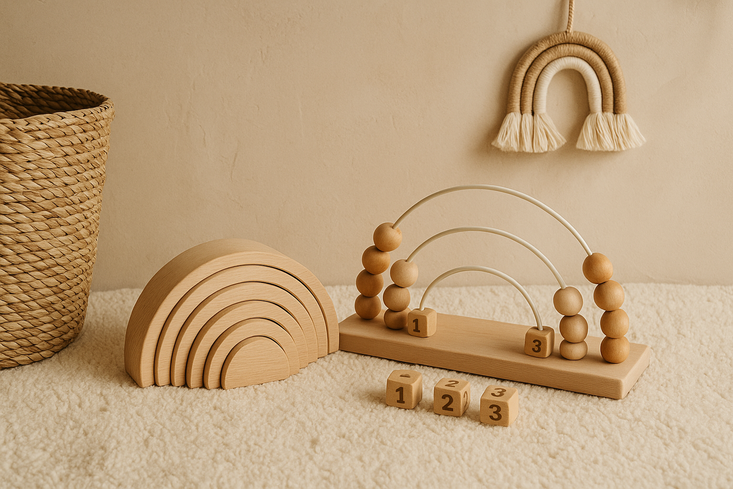 Montessori-Holzspielzeug in Naturtönen: Holzregenbogen, Abakus mit Holzperlen und Makramee-Regenbogen-Deko in einem minimalistischen Boho-Kinderzimmer