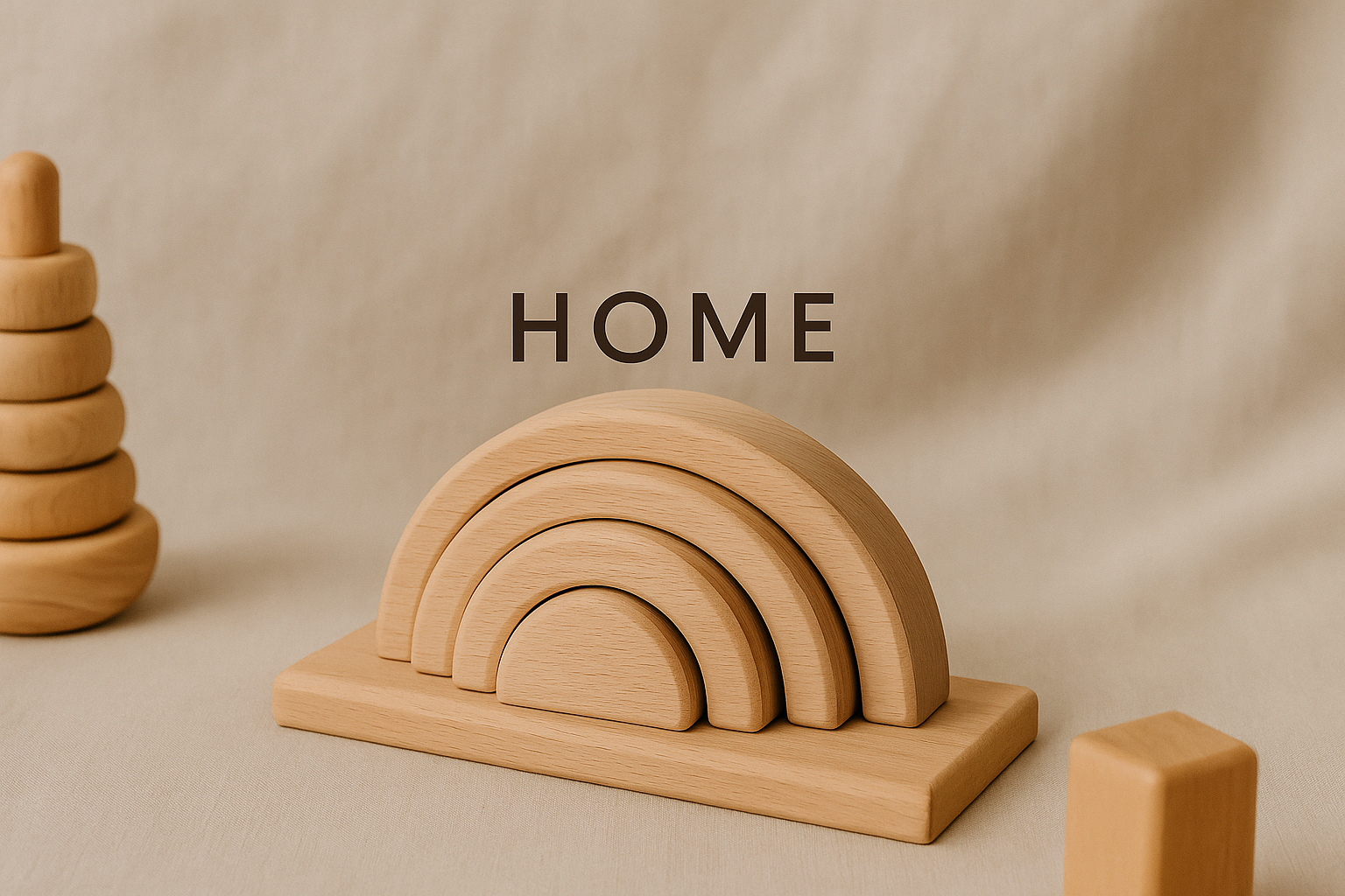 Holz-Regenbogen im Montessori-Stil auf natürlichem Hintergrund - minimalistisches Holzspielzeug in warmen Naturtönen