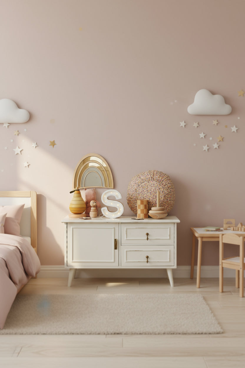 Regenbogen Kinderspiegel aus bruchsicherem Acryl und Holz im modernen Boho-Design