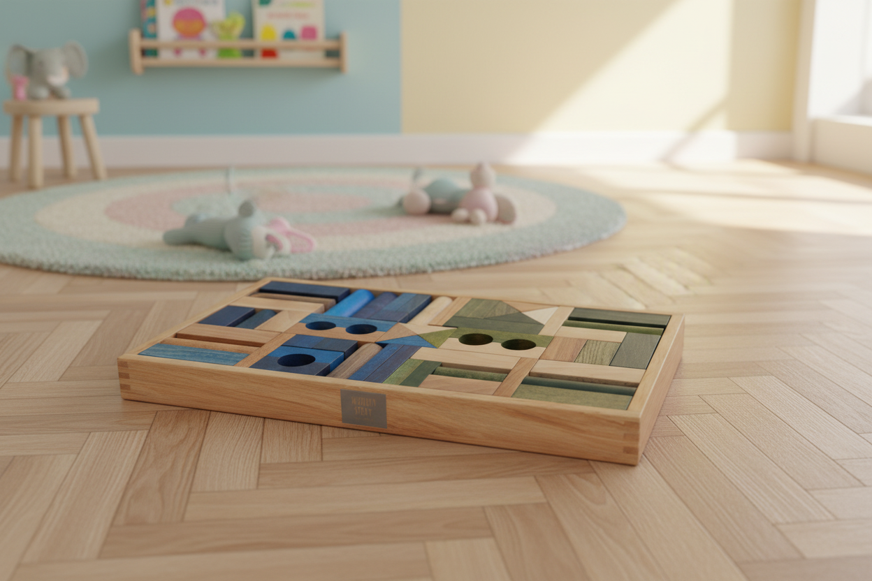 Montessori Holzbausteine Puzzle im Kinderzimmer – kreatives Lernspiel aus Holz