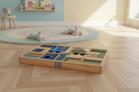 Montessori Holzbausteine Puzzle im Kinderzimmer – kreatives Lernspiel aus Holz