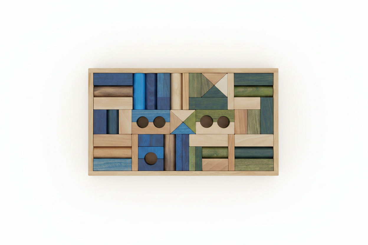 Holz Bauklötze Set im Tablett – geometrisches Montessori Spiel für Kinder