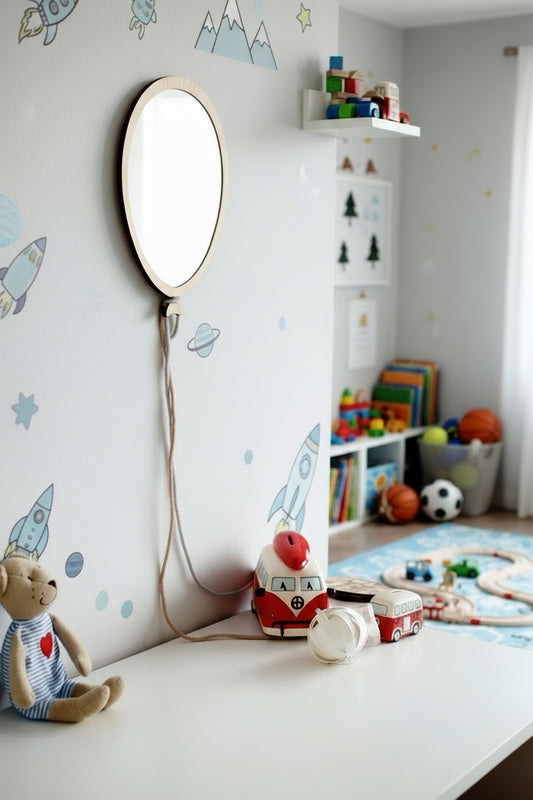 Ballon-förmiger Kinderzimmer Spiegel aus Acryl und hellem Holz – sichere, dekorative Wanddeko