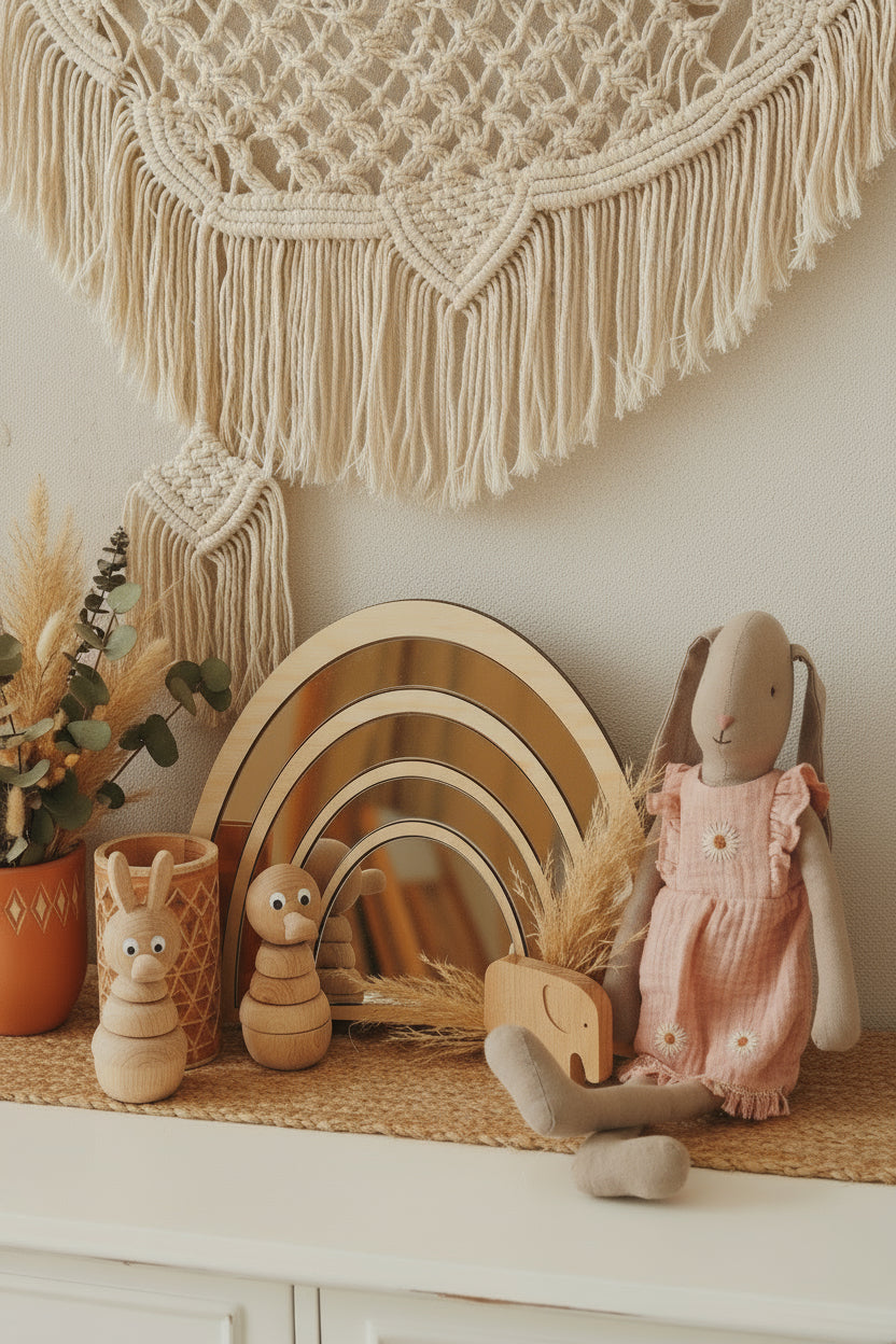 Boho-Kinderzimmer-Deko mit Holzregenbogen, handgemachten Stofftieren und Naturmaterialien vor Makramee-Wandbehang