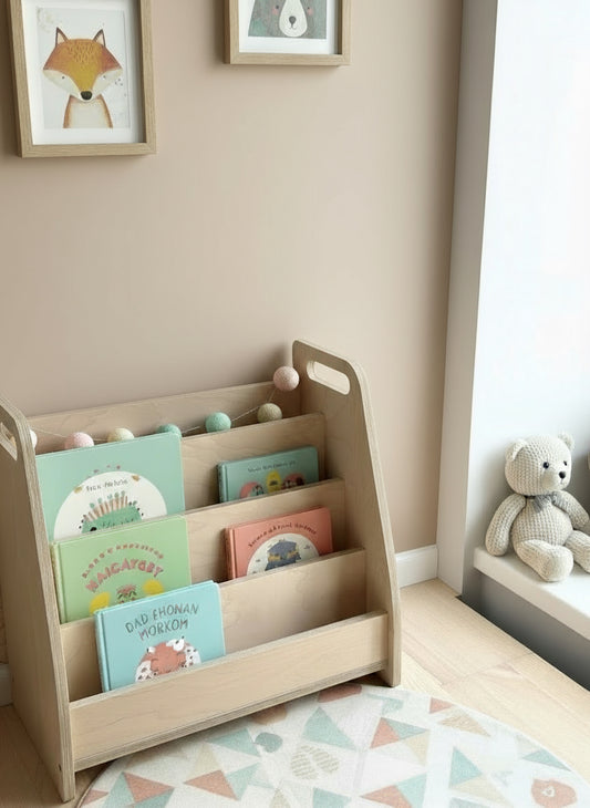Montessori Bücherregal aus Holz – 4-stufiges Kinderregal im natürlichen Boho-Stil für Bücher und Spielzeug