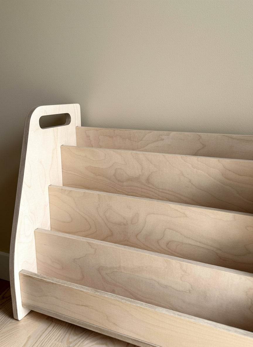 Montessori Bücherregal aus Holz – 4-stufiges Kinderregal im natürlichen Boho-Stil für Bücher und Spielzeug