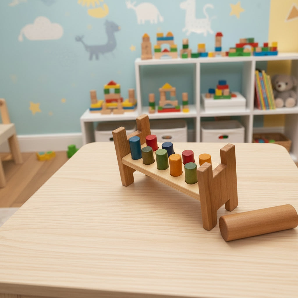 Bunte Wooden Story Klopfbank aus Holz mit Hammer auf Tisch in einem Montessori-inspirierten Kinderzimmer