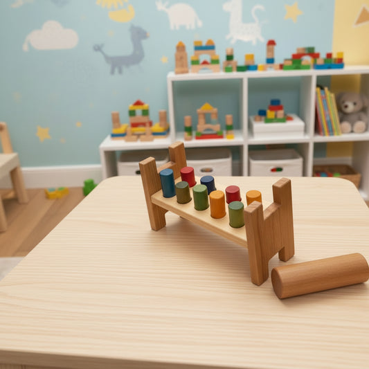 Bunte Wooden Story Klopfbank aus Holz mit Hammer auf Tisch in einem Montessori-inspirierten Kinderzimmer