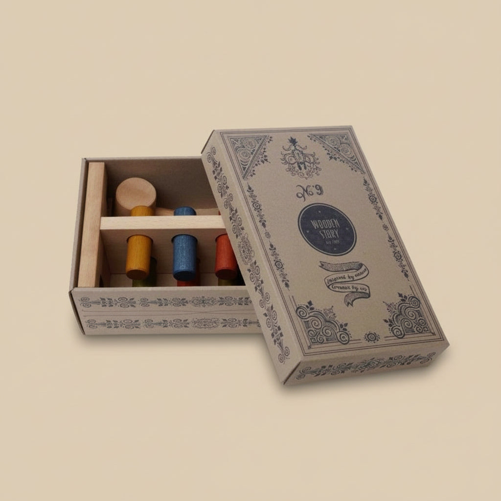 Wooden Story Klopfbank Colorful in geöffneter Geschenkbox mit bunten Holzstiften – nachhaltiges Montessori Motorikspielzeug