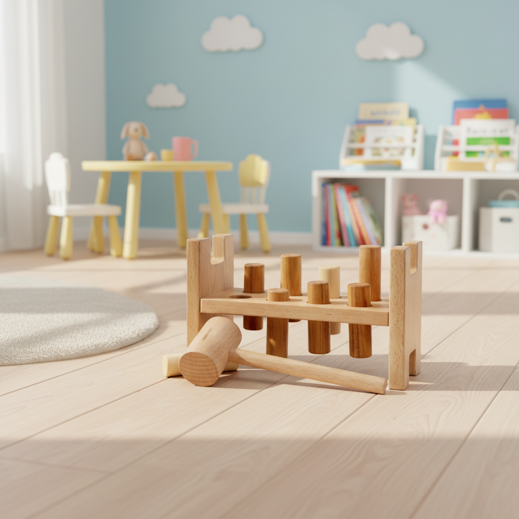 Holz-Klopfbank von Wooden Story auf Holzboden in einem Montessori-inspirierten Kinderzimmer mit Tisch, Stühlen und Bücherregal im Hintergrund