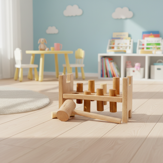 Holz-Klopfbank von Wooden Story auf Holzboden in einem Montessori-inspirierten Kinderzimmer mit Tisch, Stühlen und Bücherregal im Hintergrund