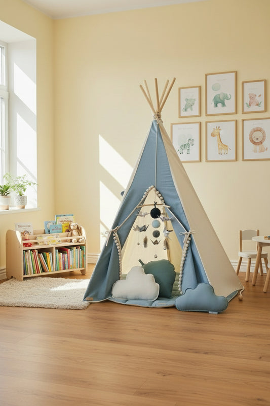 Kinder Tipi Spielzelt in beruhigendem Blau mit Holzstangen – gemütlicher Rückzugsort im Kinderzimmer