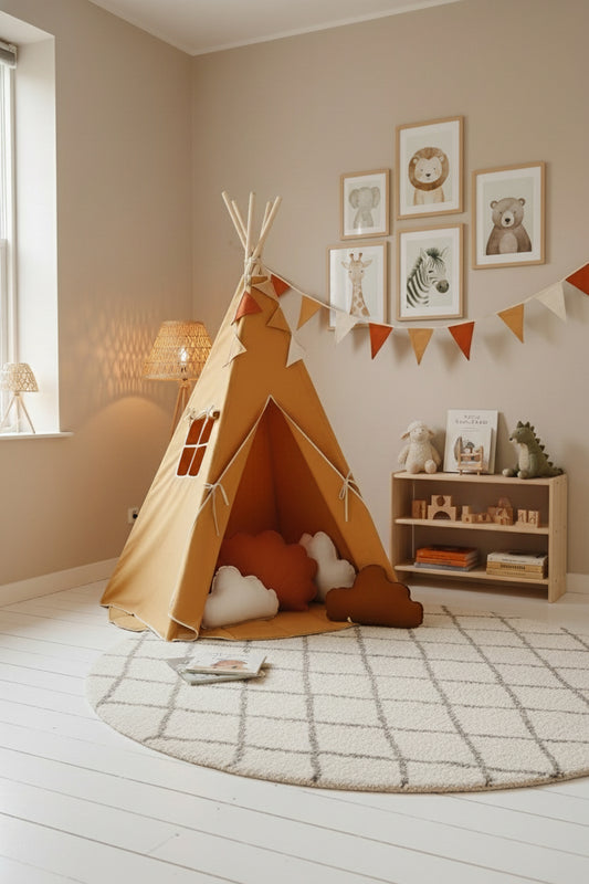 Kinder Tipi Zelt in warmem Orange mit stabilen Holzstangen – Boho Spielzelt für drinnen