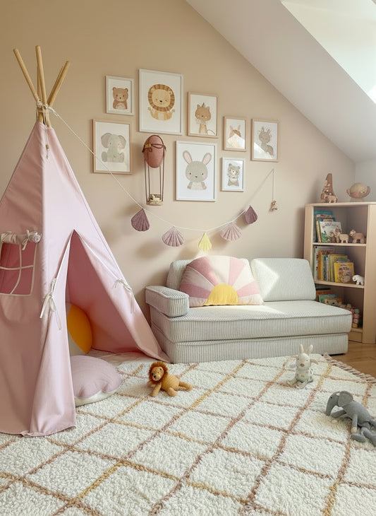 Tipi Spielzelt für Kinder in Pastellrosa mit Holzstangen – ideal für Montessori- und Boho-Kinderzimmer