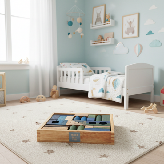 Wooden Story Holzbausteine in kühlen Farben – nachhaltiges Montessori-Bauspielset mit 30 Teilen aus Naturholz