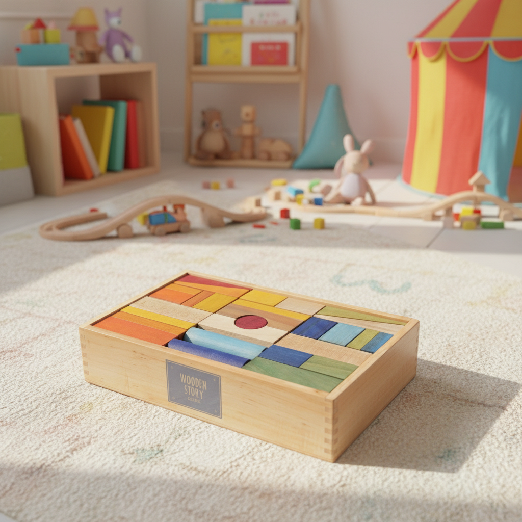 Bunte Wooden Story Holzbausteine in einer offenen Holzkiste, arrangiert in einem liebevoll eingerichteten Kinderzimmer mit Montessori-Spielzeug und Zirkus-Spielzelt