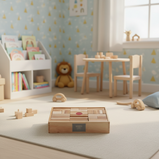 Wooden Story Naturholz-Bausteine – 63-teiliges Montessori-Bauspielzeug für kreative Kinder