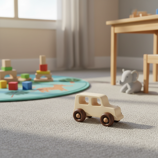 Natürliches Wooden Story Holzauto auf Teppich in einem Montessori-inspirierten Kinderzimmer mit Holzspielzeug im Hintergrund