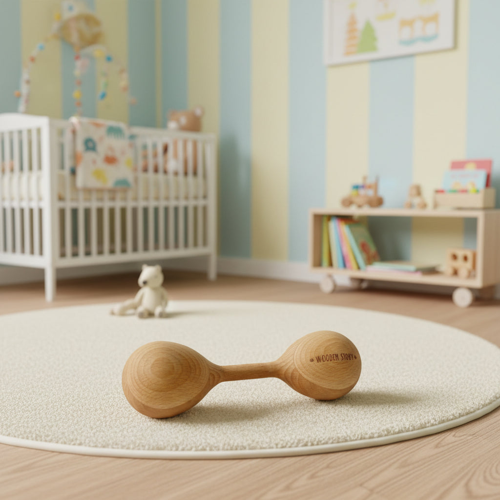 Natürliche Holzrassel „Lark“ von Wooden Story auf rundem Teppich in einem Montessori-inspirierten Babyzimmer mit Holz-Kinderbett und Spielregal