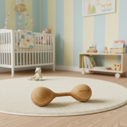 Natürliche Holzrassel „Lark“ von Wooden Story auf rundem Teppich in einem Montessori-inspirierten Babyzimmer mit Holz-Kinderbett und Spielregal