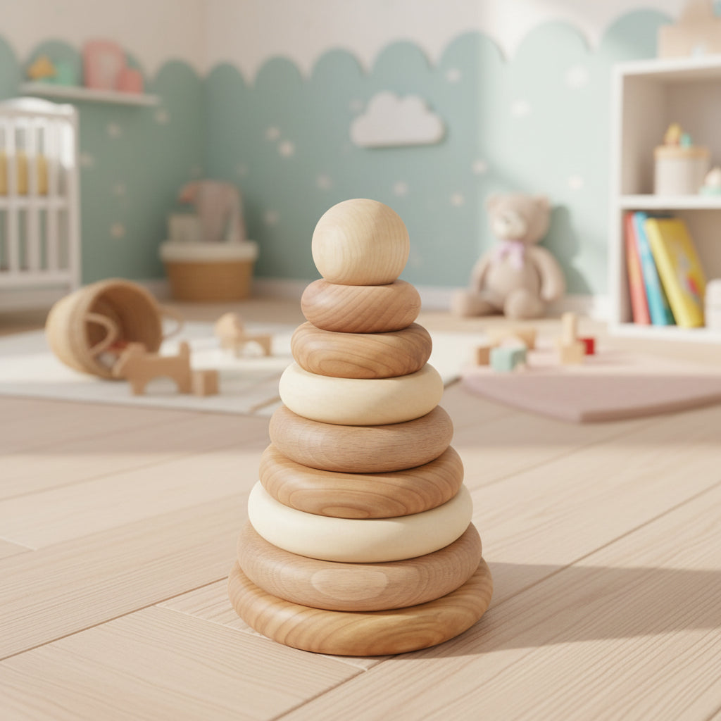 Wooden Story Rundpyramide aus Naturholz – Montessori-Stapelturm zur Förderung von Motorik und Greifübungen