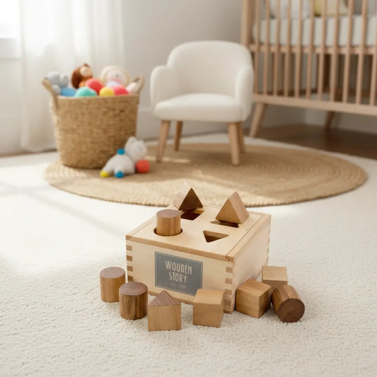 Wooden Story Steckbox aus Naturholz mit Bausteinen – klassisches Sortierspiel im Montessori-Stil.